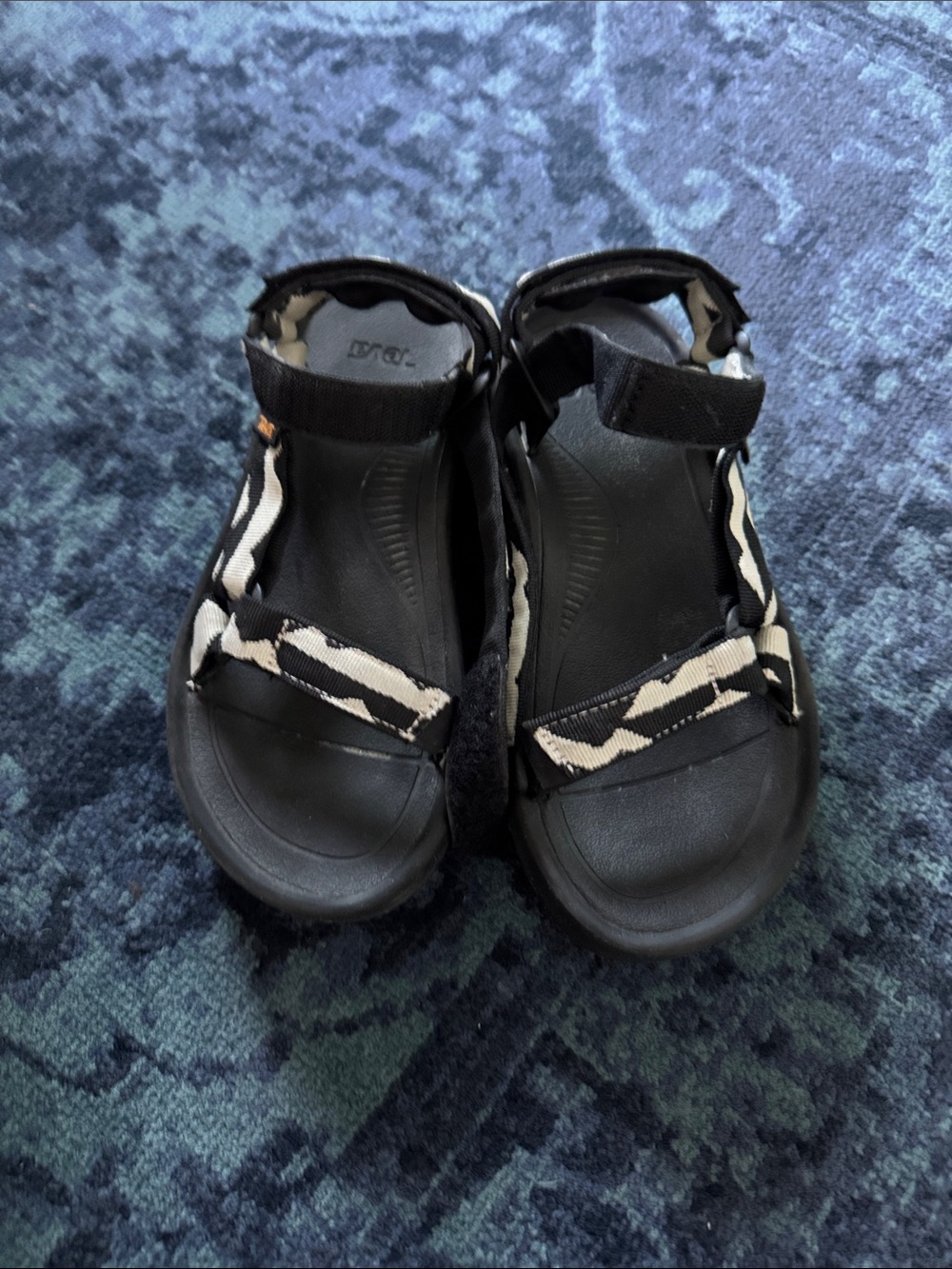 Teva Black Platform Sandals with Black and White Patterned Straps